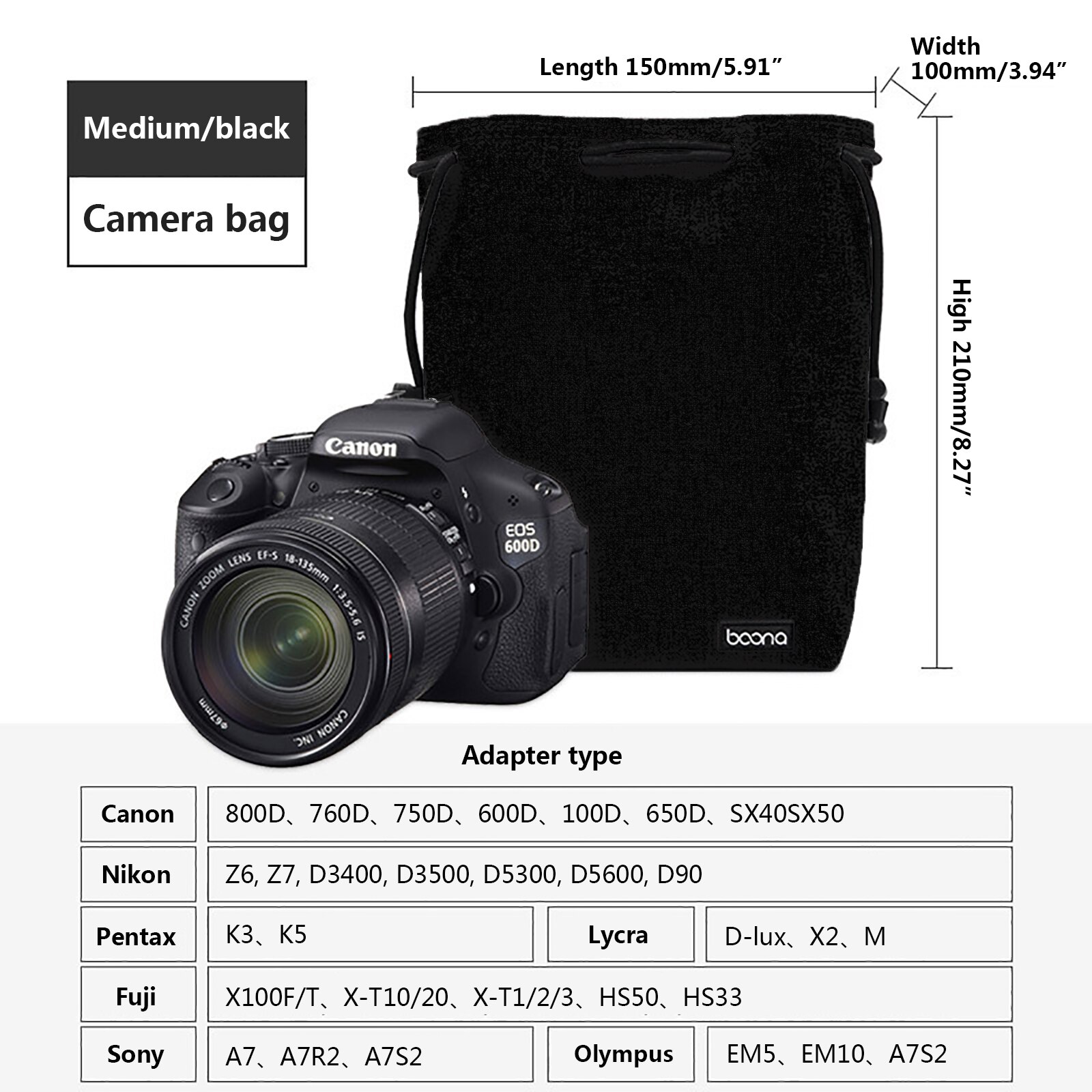 Sacoche de protection pour objectif d&#39;appareil photo, étui en Lycra pour appareils photo DSLR, Nikon, Canon, Sony, Olympus, Fuji: Camera Bag Black-M
