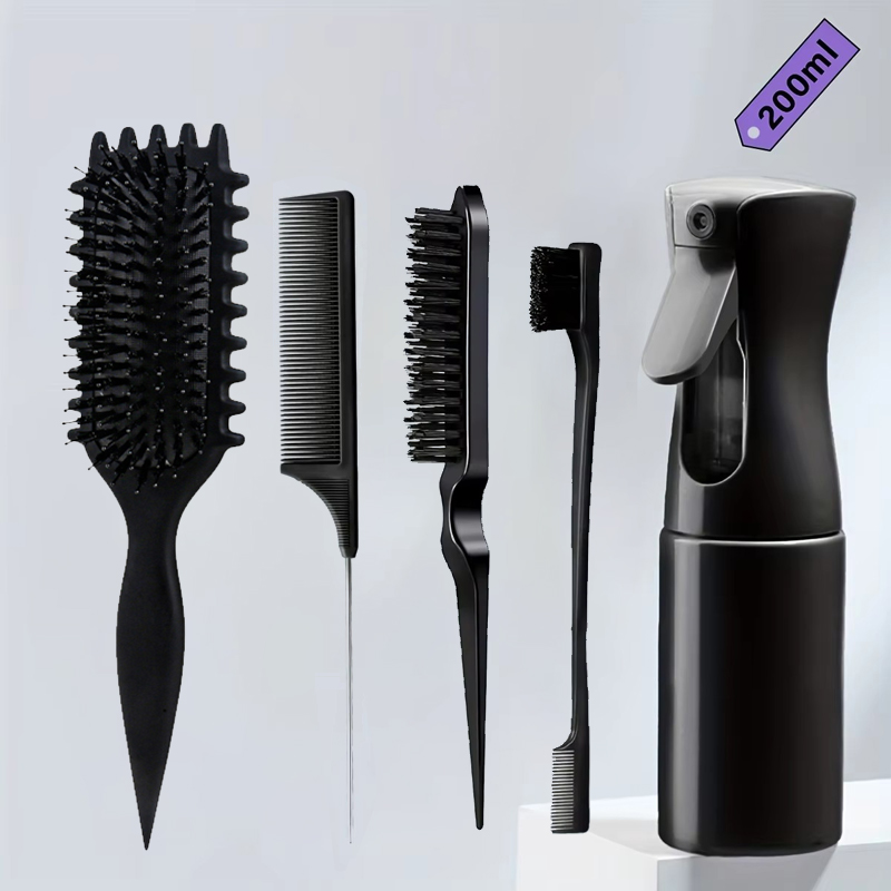 5-Piece Detangling & Styling Set: Curl Candy Bursh Curved Rat Tail Comb Edge Control Brush - Perfect for Salon Results: green
