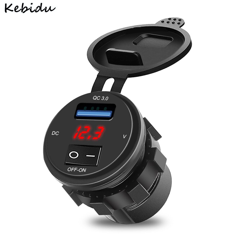 KEBIDU – Chargeur de voiture USB 3.0 avec voltmètre, prise avec affichage numérique et bouton marche-arrêt, charge rapide, parfait pour moto,