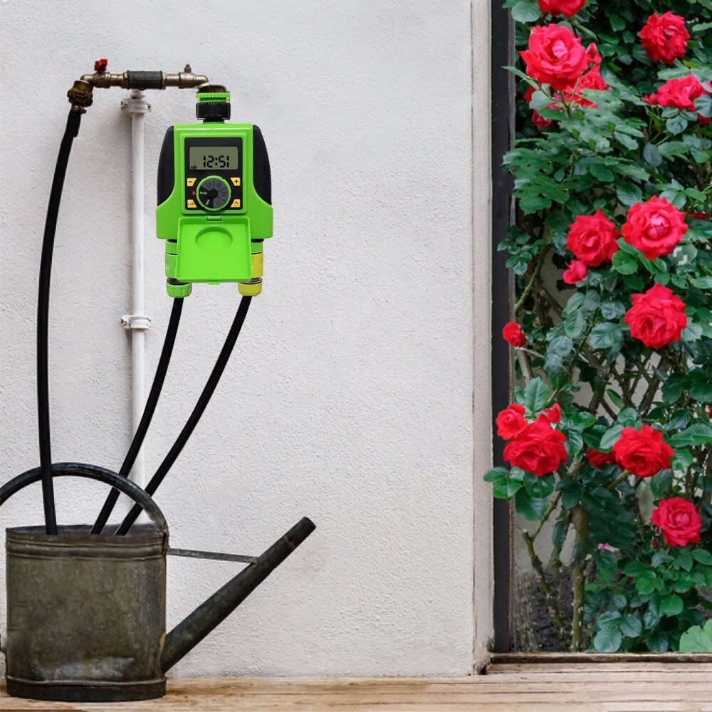 Dual 2-Outlet Automatic Watering Timer Digital Electronic Solenoid Valve Sprinkler Timer Waterproof Controller System