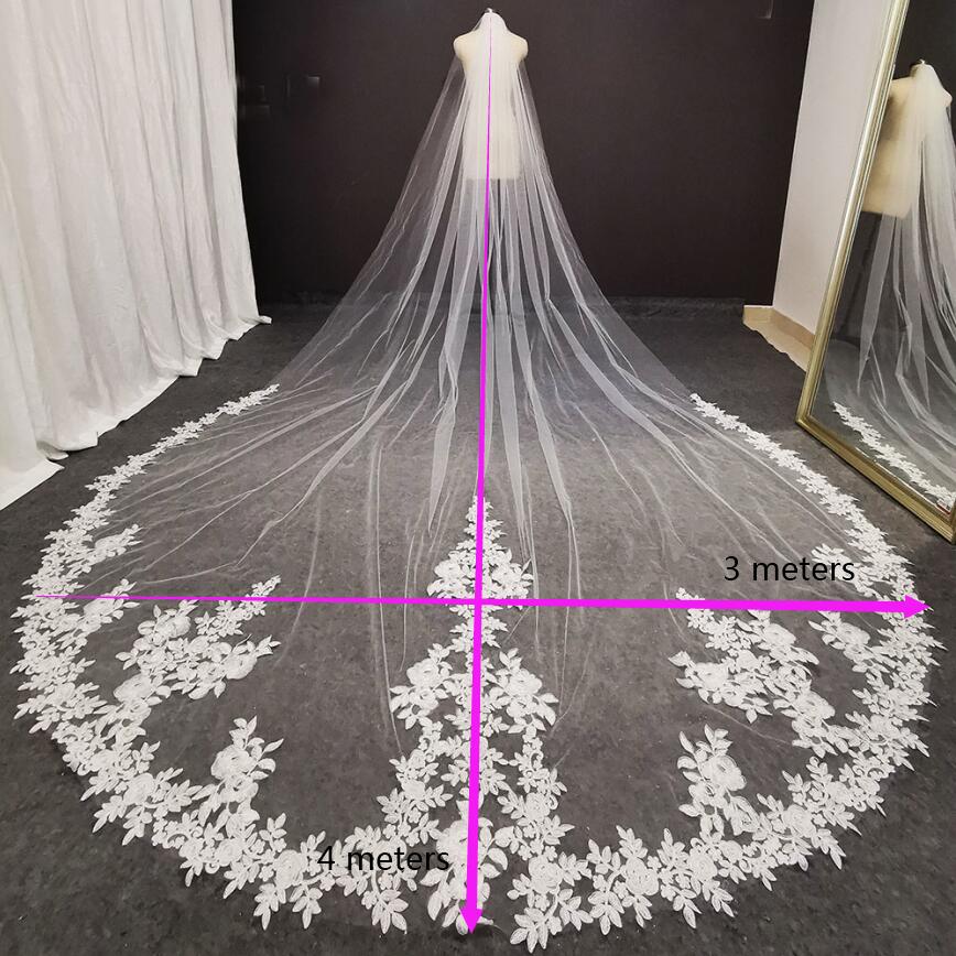 Luxury 4 Meters Long Lace Wedding Veil with Comb White Ivory Bridal Veil Bride Headpieces Wedding Accessories