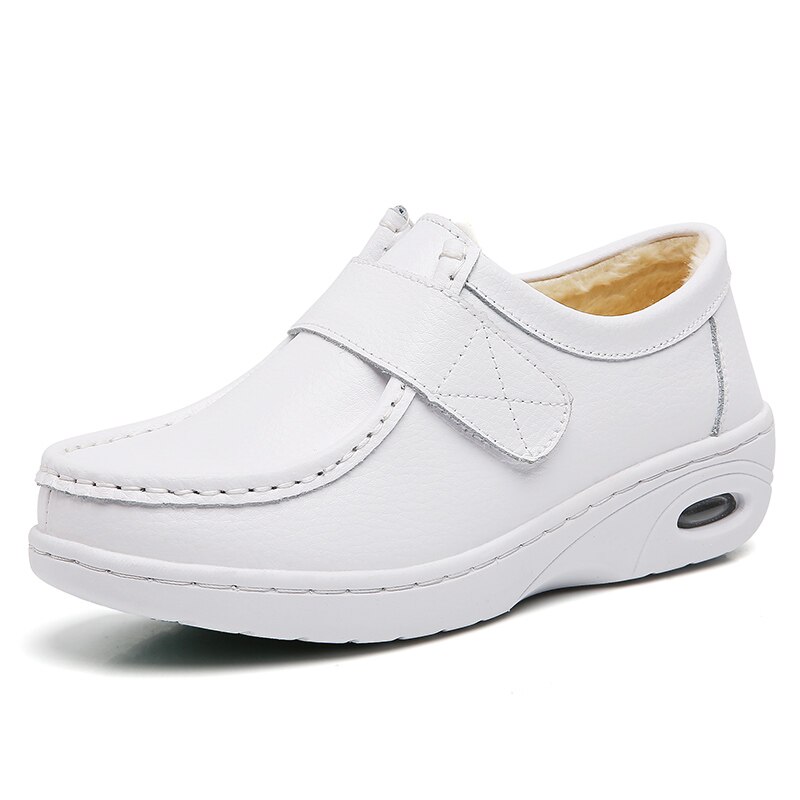 Coussin d'air hiver infirmières chaussures confortables femmes baskets médecin cuir supérieur femmes chaussures plates épais velours marche chaussures 39 40: white with fur / 5