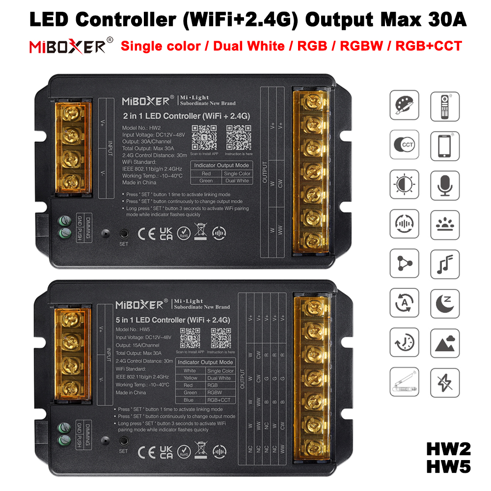 Miboxer hw2 2 em 1 hw5 5 em 1 2.4ghz wifi + controlador rf grande corrente máxima 30a para cor única/branco duplo/rgb/rgbw/rgb + cct tira conduzida