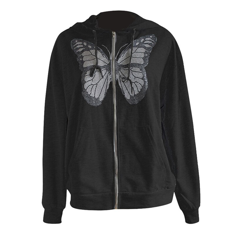 Y2K Oversized Butterfly Graphic Rhinestone Zip Up Hoodies E-girl 90s Streetwear Diamond Grey Long Jacket Autumn Spring: XL / black 1