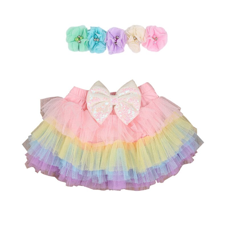 Jupe Tutu arc-en-ciel pour bébés filles de 0 à 3M, en maille à paillettes et nœud papillon, couvre-chef à fleurs: Default Title