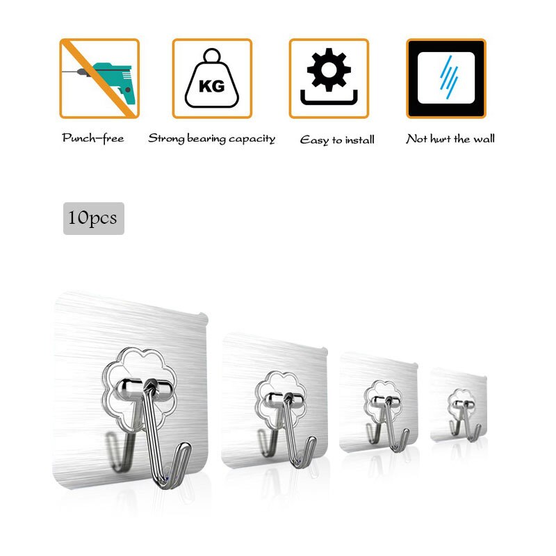 10 Pcs Deur Haak Zelfklevende Muur Haken Transparante Anti-Slip Traceless Zware Stok Op Haak Badkamer Keuken Muur stickers: 10pcs Silver