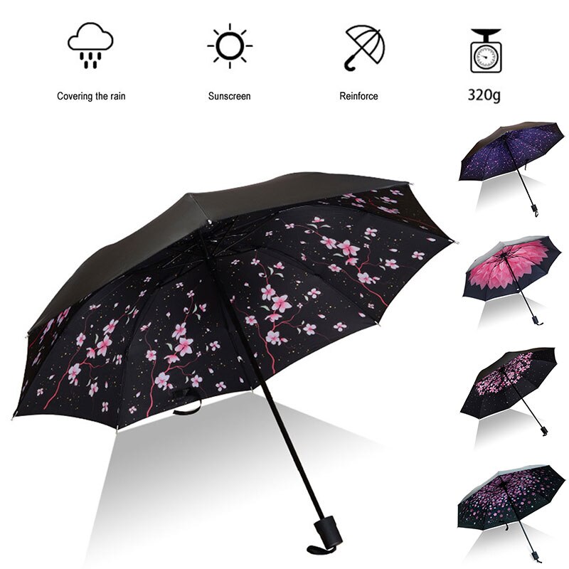 Sombrilla Sakura paraguas al aire libre a prueba de polvo paraguas Anti-UV triple plegado 8 huesos tela adhesiva negra viaje día de lluvia