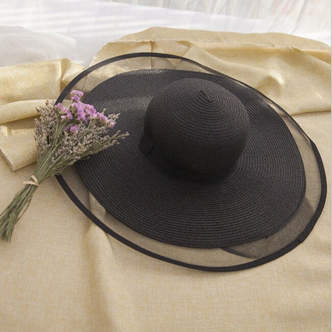 Solhatte til kvinder piger brede rand floppy stråhat sommer bohemia strand cap bånd chapeau femme ete sort: Sort