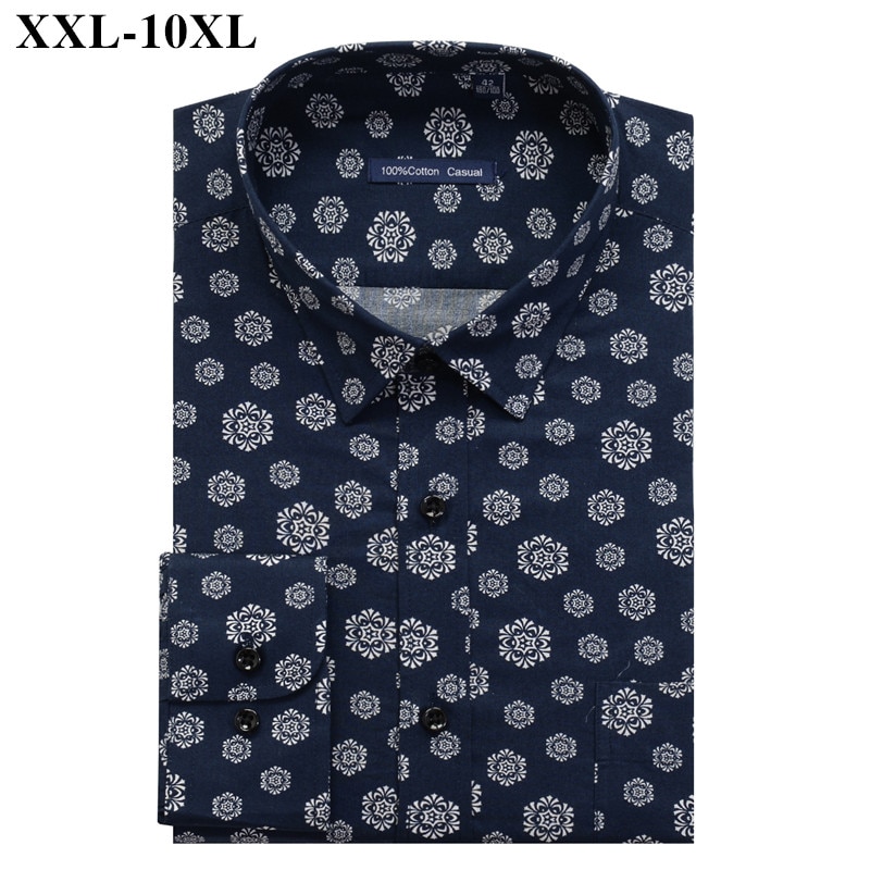 Pluss størrelse 5xl 6xl 7xl 8xl 9xl 10xl herre skjorte med uformelt trykk 100%  bomulls løs langermet skjorte herremerke