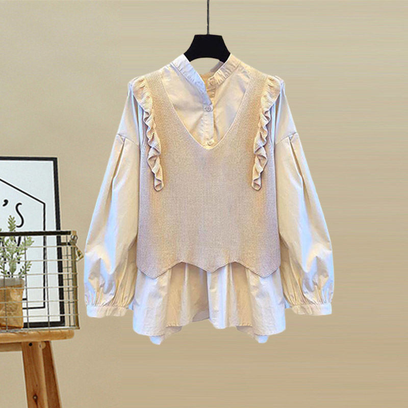 Autumn Ruffle Long Sleeve Knitted Sweater Splice Shirt Bowknot Jeans Two Piece Women's Pants Set: L / Blue