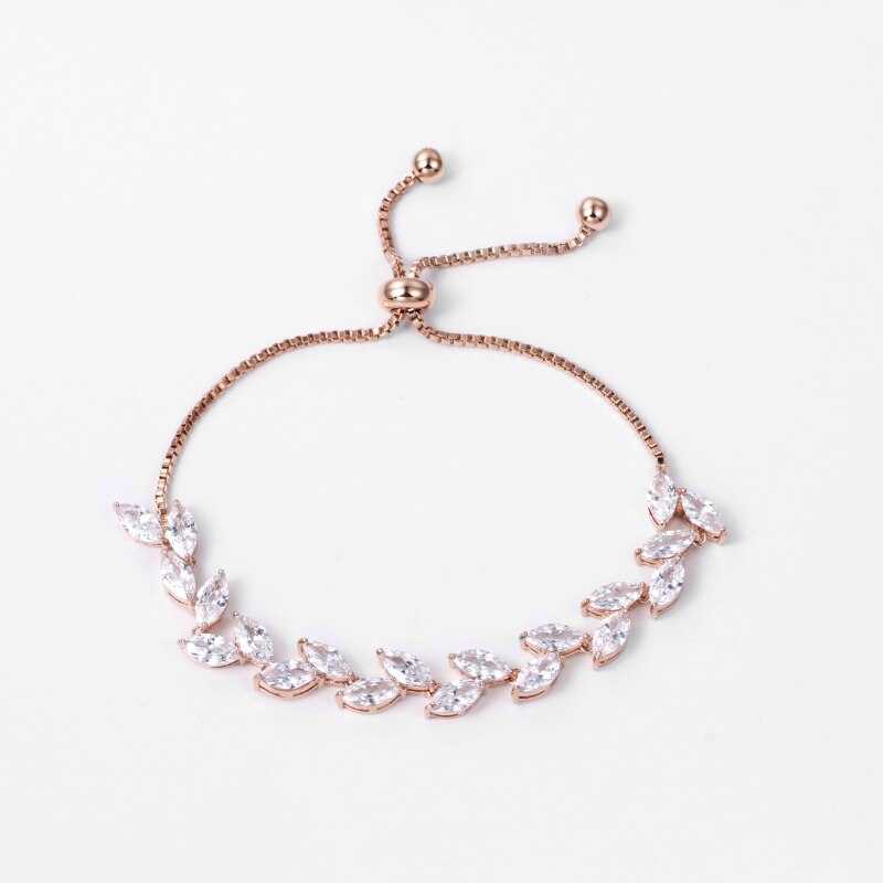 Rose Gold Color Plated Marquise Leaf Cubic Zirconia Adjustable Bracelets for Women or Bridal: Rose Gold Color