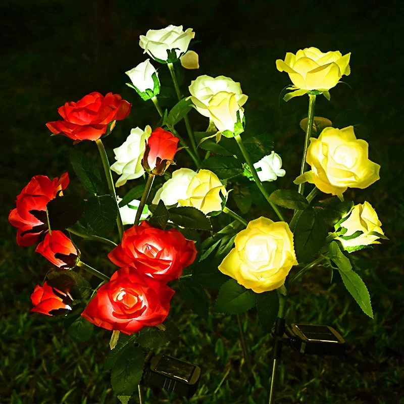 LED-verlichting op zonne-energie Rose gazonlamp rood blauw geel roze witte bloemlantaarn 5-kops buitenlicht voor bruiloft binnenplaatsdecoratie