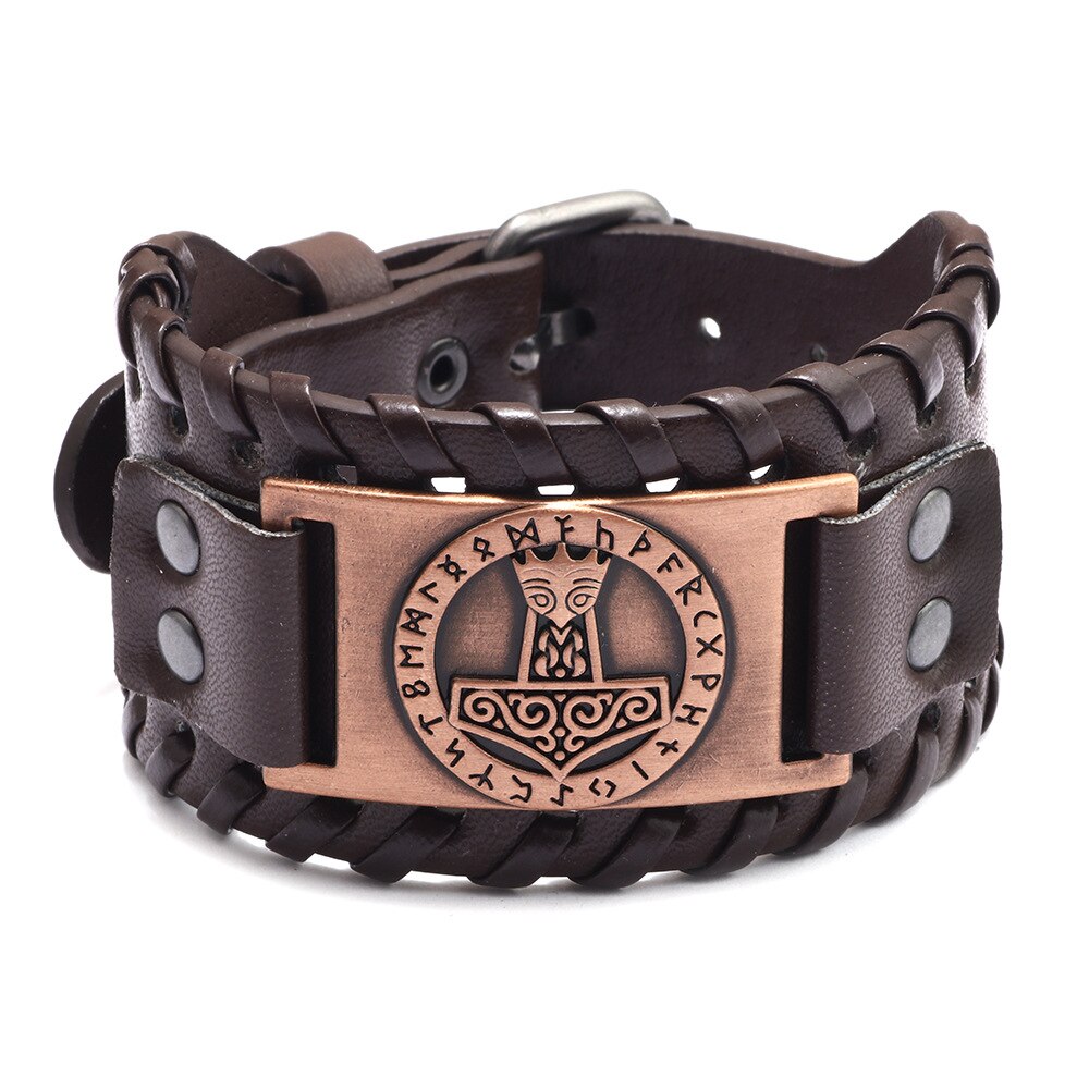 Pulsera de piel con brújula pirata para hombre, de tótem ancho, joyería vikinga celta, accesorios de pulsera, de: COLOR ORO ROSADO