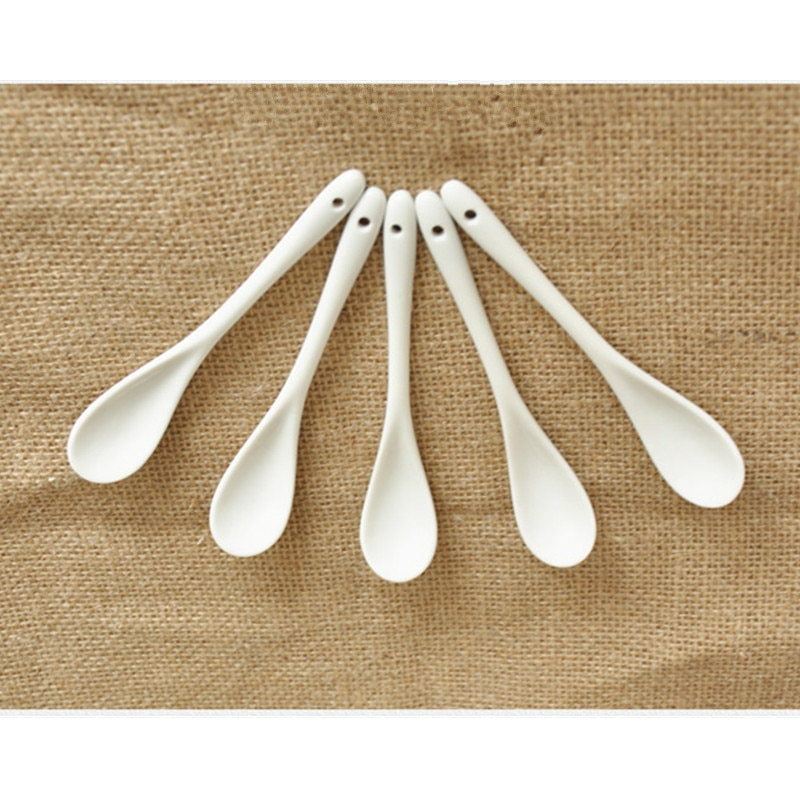 5Pcs Coffee Spoon Kitchen Supply Ceramic Spoon Pure White Bone China Tableware Tea Small Spoon Porcelain Scoop