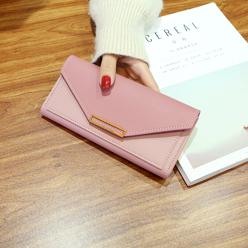 Wallet style for women Korean long style, fresh multi-function buckle, Japanese and Korean retro thin coin wallet: Pink