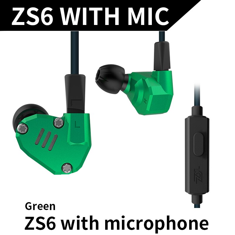 KZ-Auriculares con controladores 2DD + 2BA, monitores estéreo HIFI, deportivos, con tecnología híbrida, cancelación de ruido, para juegos, KZ ZS6 8: Green Mic