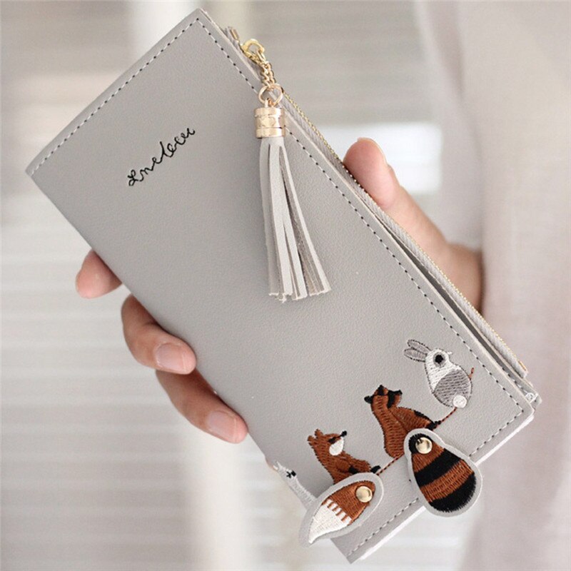 Dam plånböcker räv katt lång tofs myntkorthållare handväska paket kvinna plånbok portafoglio donna monedero mujer portfel damsk