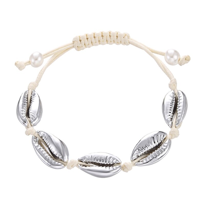 Boheme naturlig sea shell armbånd ankel hånd strik reb elastisk beaded pulseira diy strand smykker tilbehør sommer kvinder: Hvid sølv