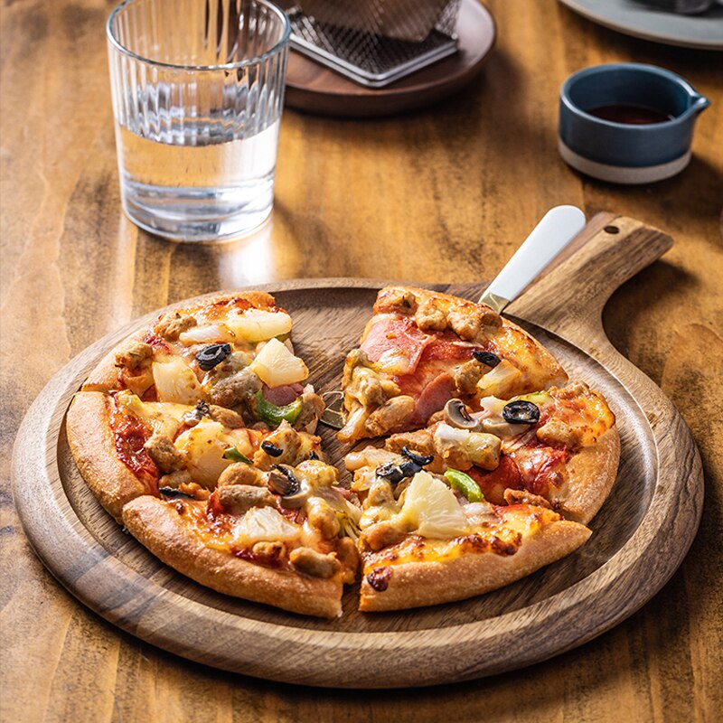 Rund trä serveringsbricka pizzahållare mat tallrik stöd dessert fruktkaka display kuddar hem kök restauranger bordsdekor