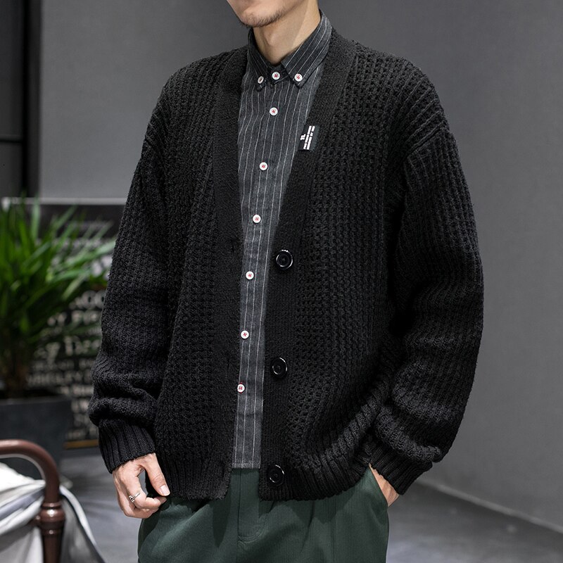 Winter Cardigan Men Solid Color Casual V-neck Knit Sweater Jacket Men Streetwear Wild Loose Sweter Male Clothes M-3XL: black / XL