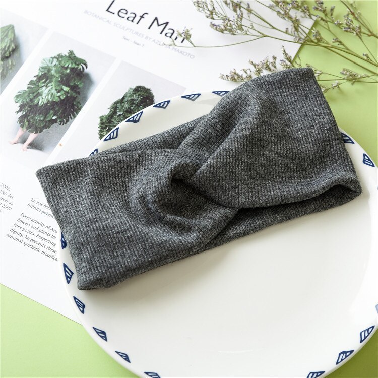 Diademas de lana con nudo cruzado tejido liso para mujer, soporte para el pelo, cintas elásticas para el cabello, turbante, accesorios para el cabello: gray-1