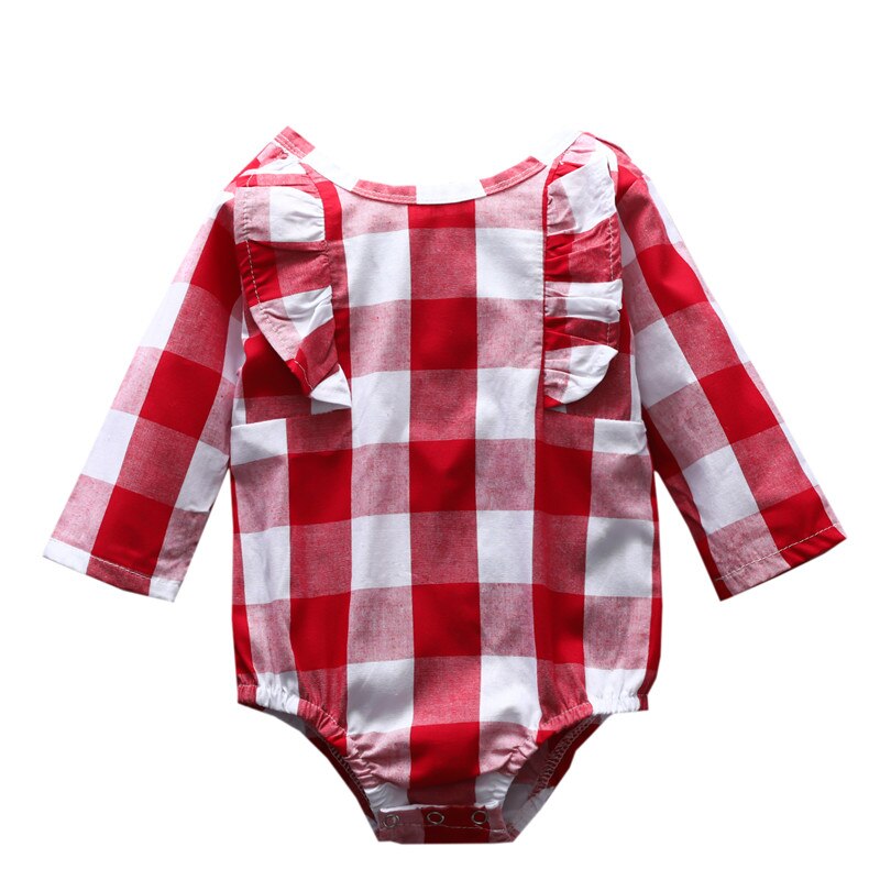 Baby jumpsuit met ruitjesprint, peuterkleding, o-hals, lange mouwen, kanten ruches, body's, babykleding voor meisjes