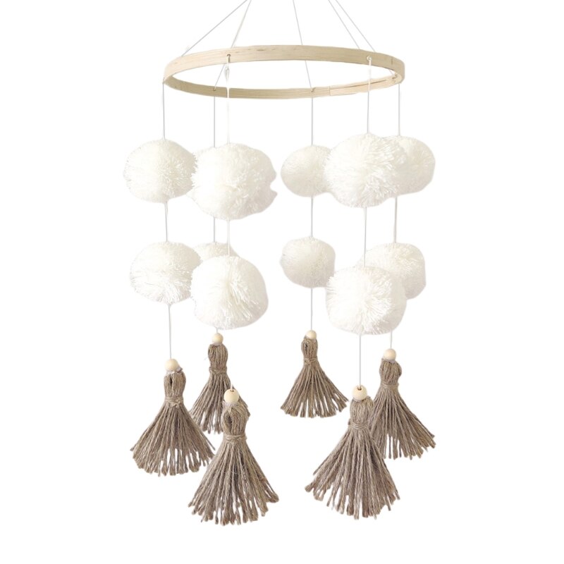Carillon à vent en bois pour bébé, Mobile, pompon coloré en peluche, boule suspendue: WHITE
