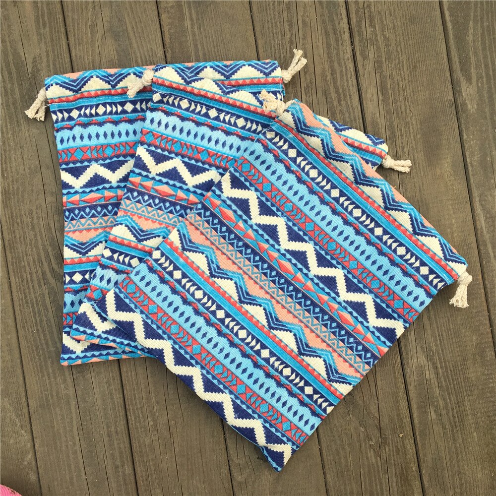 1pc katoenen linnen trekkoord feesttas munt telefoon sleutel etui blauwe zigzag lijn yile 812b