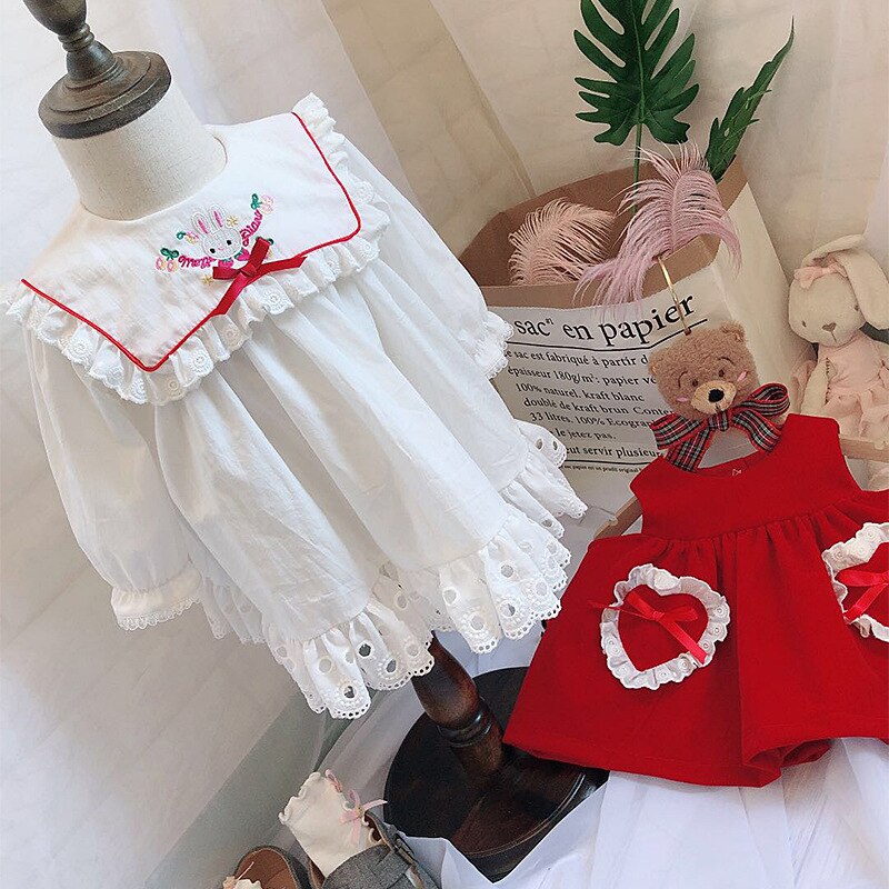 Gilrs Sweet lolita dress Kids vintage baby costume kawaii dress for children Red bow dress Halloween costume for Kids