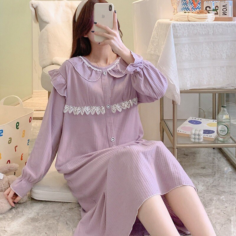 2022 Lente Lange Mouwen Katoenen Losse Lange Jurk Nightgowns Voor Vrouwen Koreaanse Nachtkleding Homewear Nachtjapon Nachthemd Thuis Nachtjapon