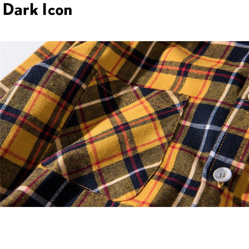 Dark icon flannel plaid shirt herre hip-hop shirt streetwear oversized curved hem hipster herres skjorte langærmet 2 gul