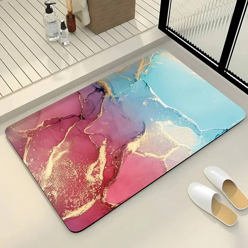Alfombra de baño con textura de mármol, alfombra de baño antideslizante de lujo para ducha, alfombrillas para pies súper absorbentes, felpudo de baño para el hogar de secado rápido: Blanco / 400 mm x 600 mm