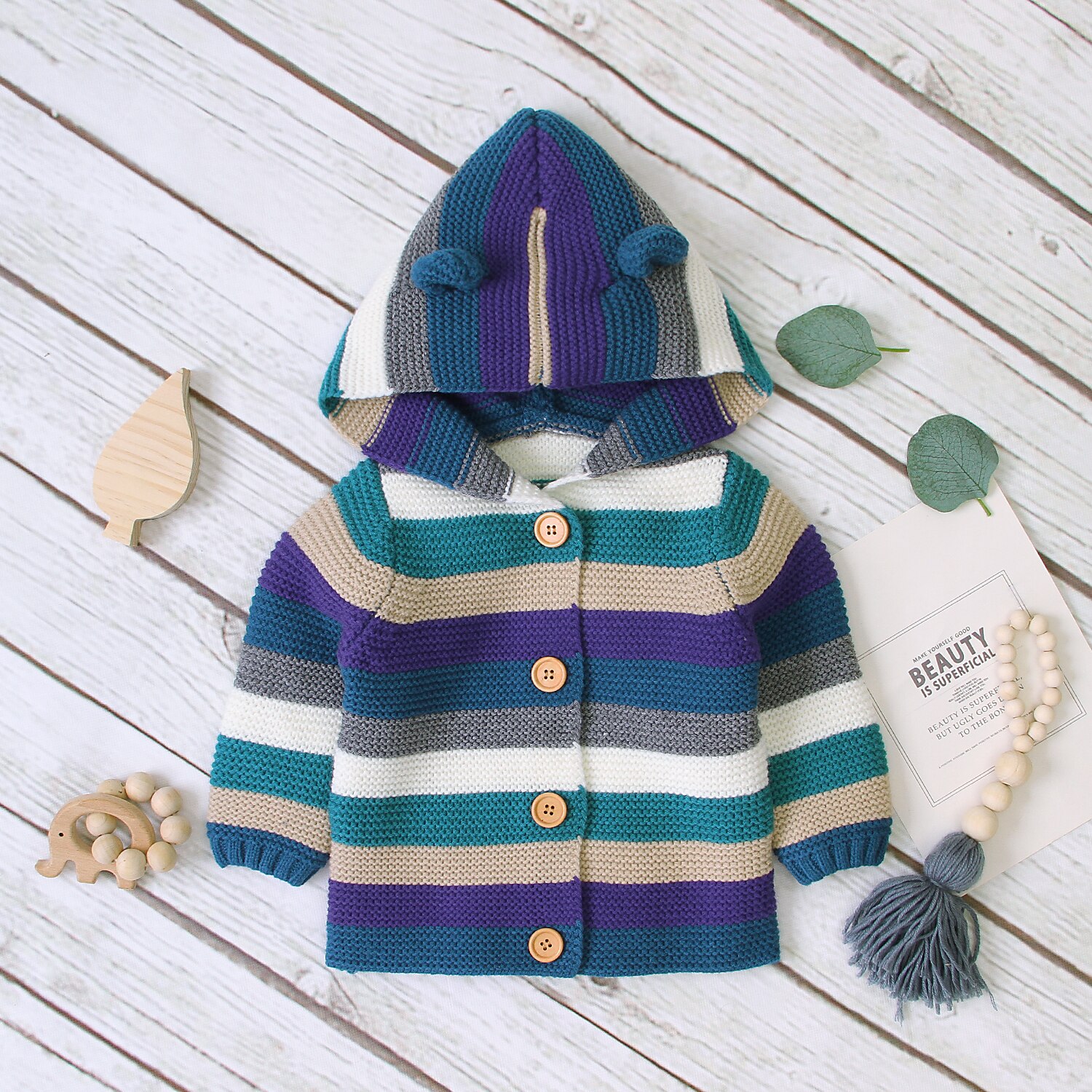 Automne tricoté Cardigan garçons filles doux Style mixte couleur rayure à manches longues simple boutonnage Outwear décontracté à capuche haut 3-24M