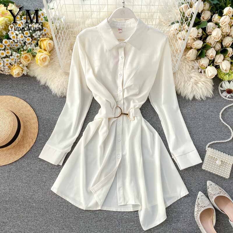 Mozgalz Vestido Camisero Con Botones Y Cuello En V Para Mujer, Manga Larga, Sexy, Casual, Color Blanco, Blanco (1#White
