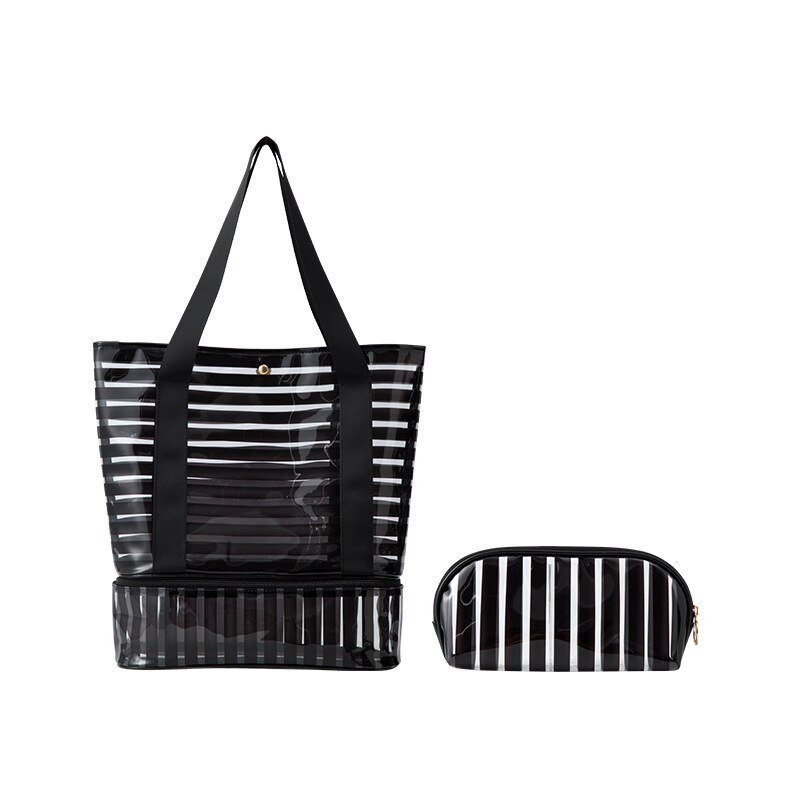 PVC Swimming Bag Transparent Handbags Strip Clear Beach Pool Swim Storage Bags For Women Tavel Waterproof Bag: Black 2PCS