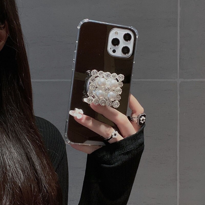 Luxury girl mirror Square Pearl Rhinestone Bracket soft Case For iPhone 11 12 Pro Max XR X XS MAX 8 7 plus protection Back Cover