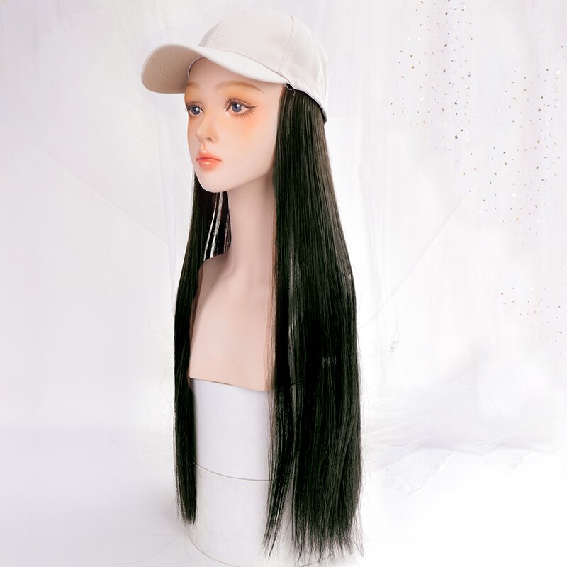 Berretto da baseball con capelli lunghi lisci capelli finti parrucca cappello estensioni dei capelli sintetici cappello con capelli parrucchino naturale per le donne: verde