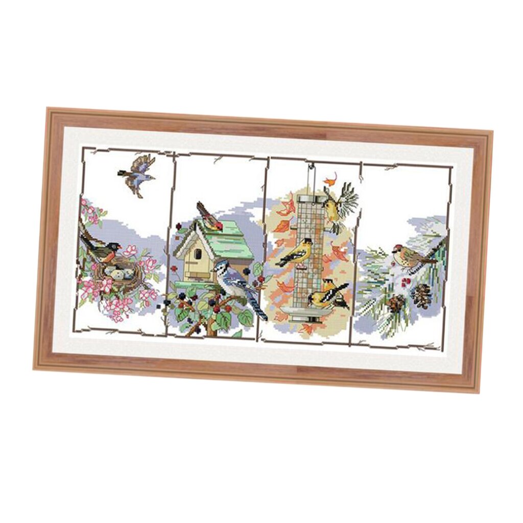 DIY Stamped Cross Stitch Starter Kits Beginners Cross-Stitching Pre-Printed Pattern - Four Season Birds - No Frame