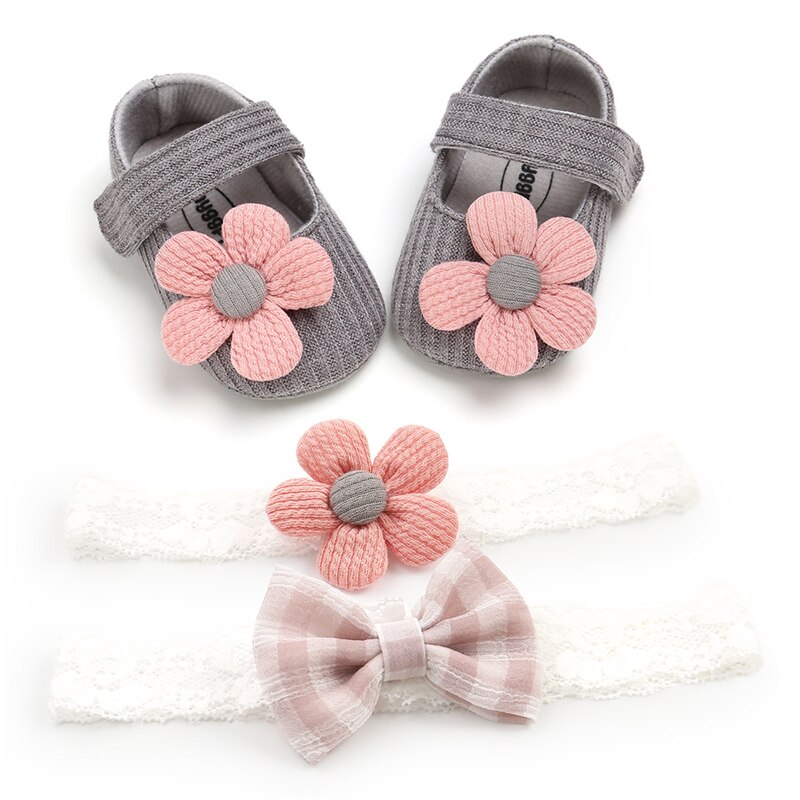 6 colors Baby Baptism Shoes and Headband Set Soft Sole Floral Mary Jane Flats and Hairbands 3 Piece Set for Infant Girls: B / 11