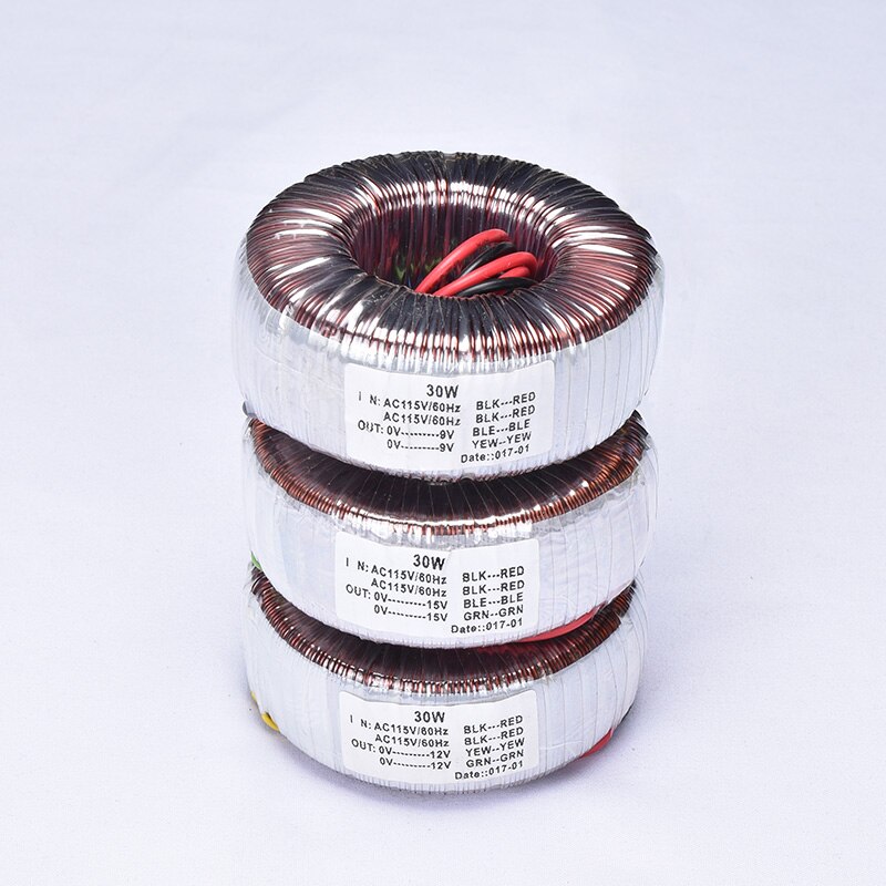 Anillo de alambre de cobre puro de 30W, transformador Toroidal Dual, 15V, 12V, 9V