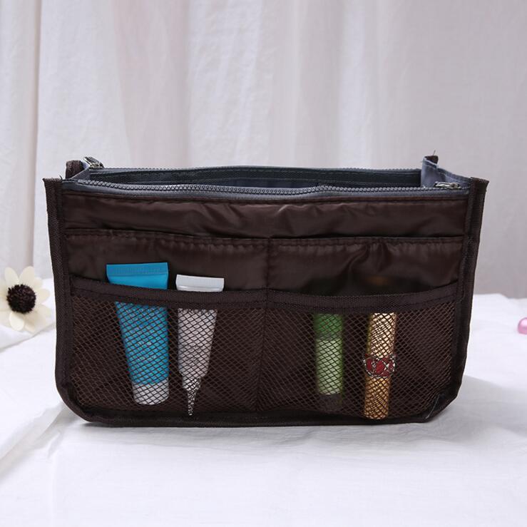 Multifunctionele Organizer Insert Bag Vrouwen Nylon Travel Organizer Insert Handtas Portemonnee Grote liner Lady Make-Up Cosmetische Bag: Brown