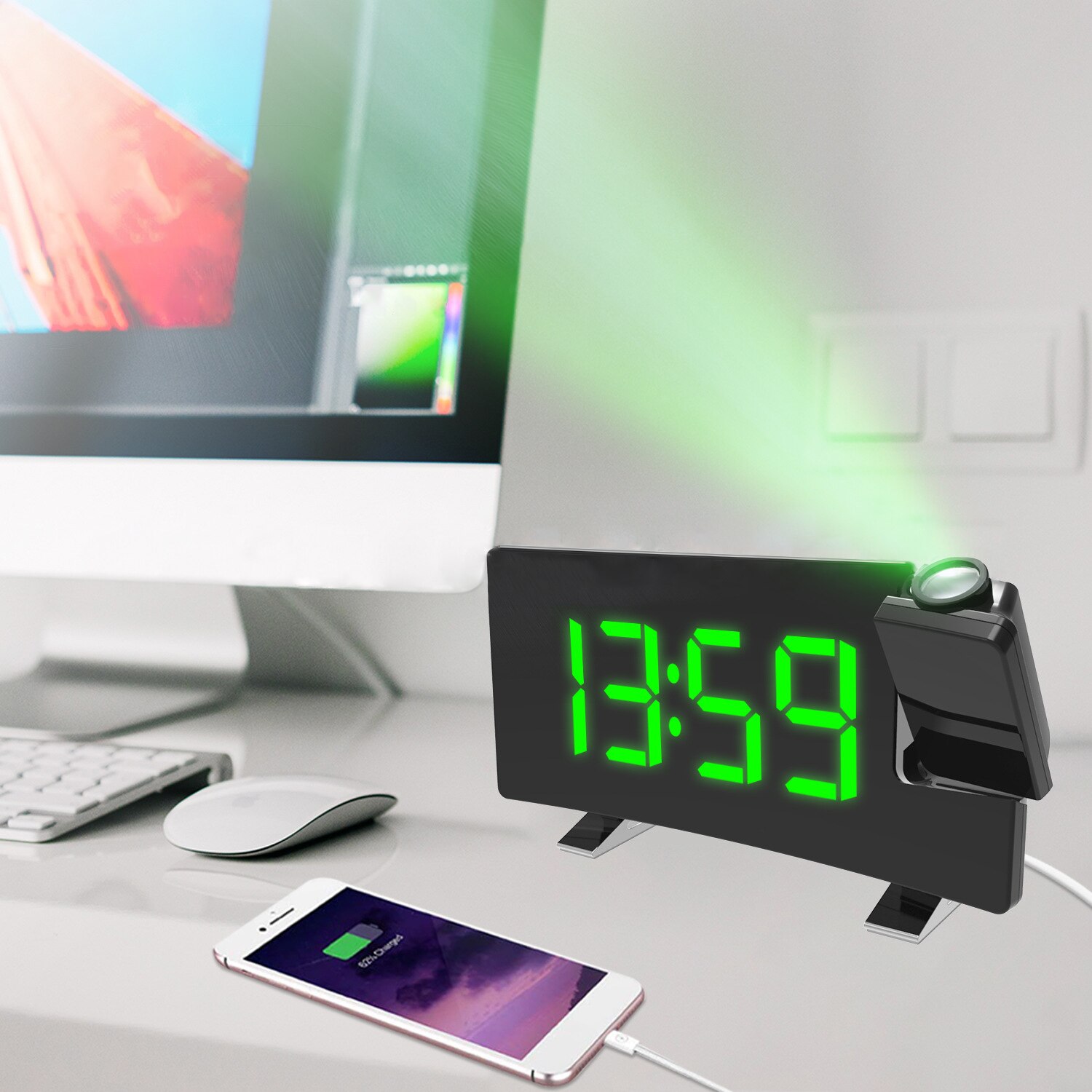 7 inch Alarm Clock Timer FM Radio Digital LED Clock Rotating Backlight Projector USB Charging Projection Backlight Home Decor: green