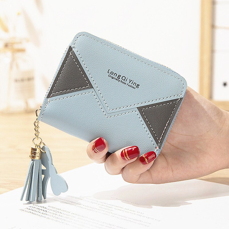 stitching color card clip change small wallet ladies short zipper tassel wallet mini coin purse: Blue