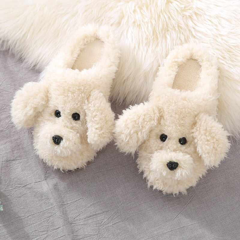 Bont Hond Slippers Leuke Cartoon Dier Vrouwen Winter Warm Pluche Thuis Pluizige Slides Katoen Huis Schoenen: beige / 38-39
