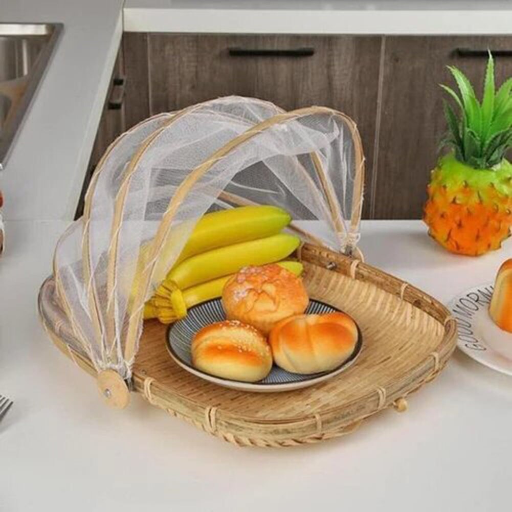 Bamboo Food Tent Cover Basket Hand Woven Mesh Cover Net Food Covers Net Dust Proof Anti Mosquito Food Cover Tent Kitchen Tools