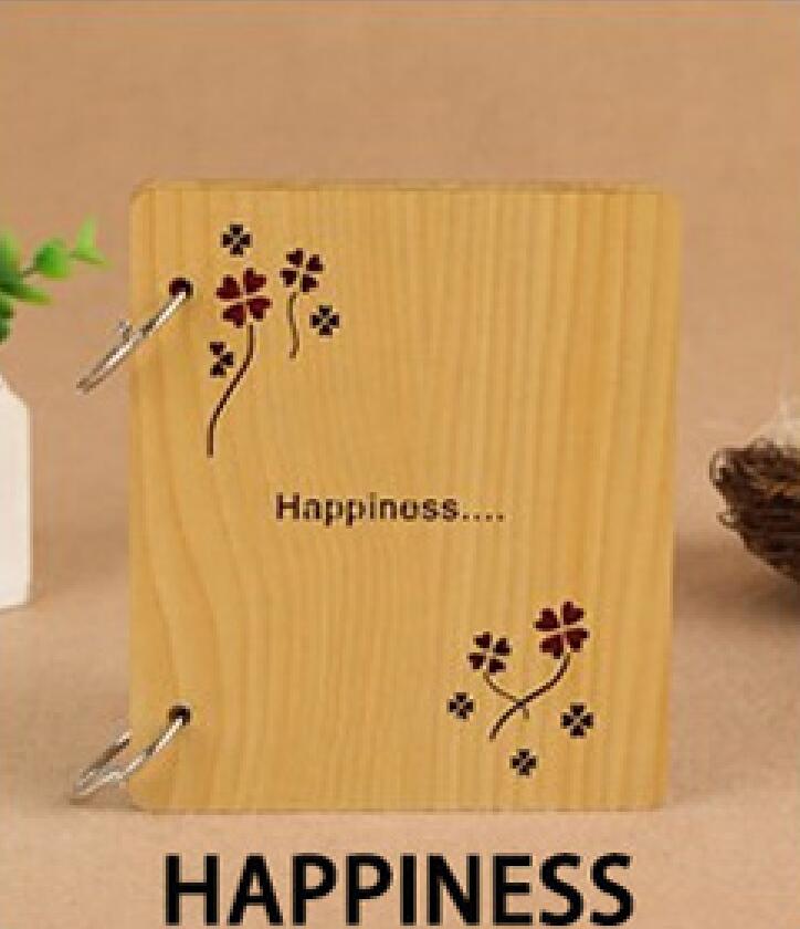 5 Inch DIY Red Wood Hollow Interleaf Photo Album Children Loose-Leaf Scrapbook Walnut Color Mini Memory Book Picture Storag: HAPPINESS-1