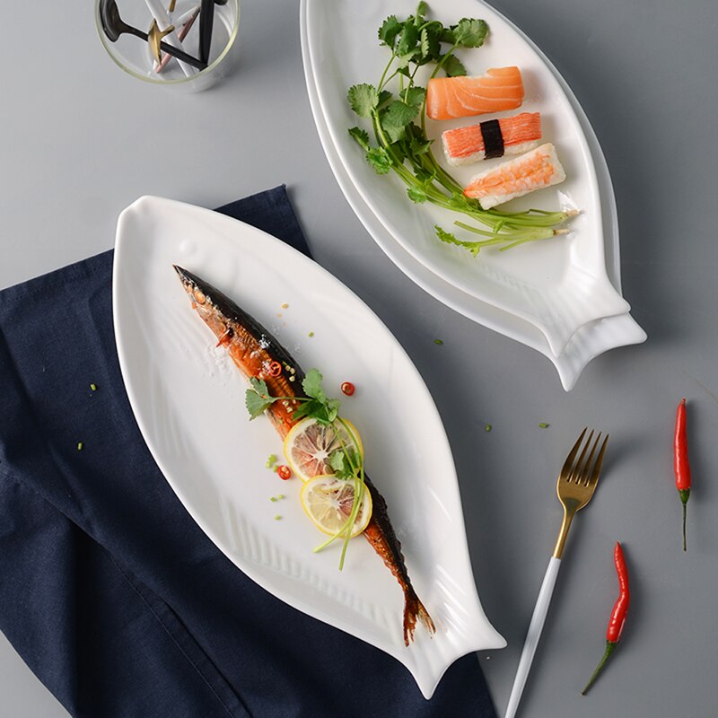 Pure white ceramic fish plate, fish-shaped plate, deep dish, household large dish plate, fish plate, tableware, restaurant, Japa