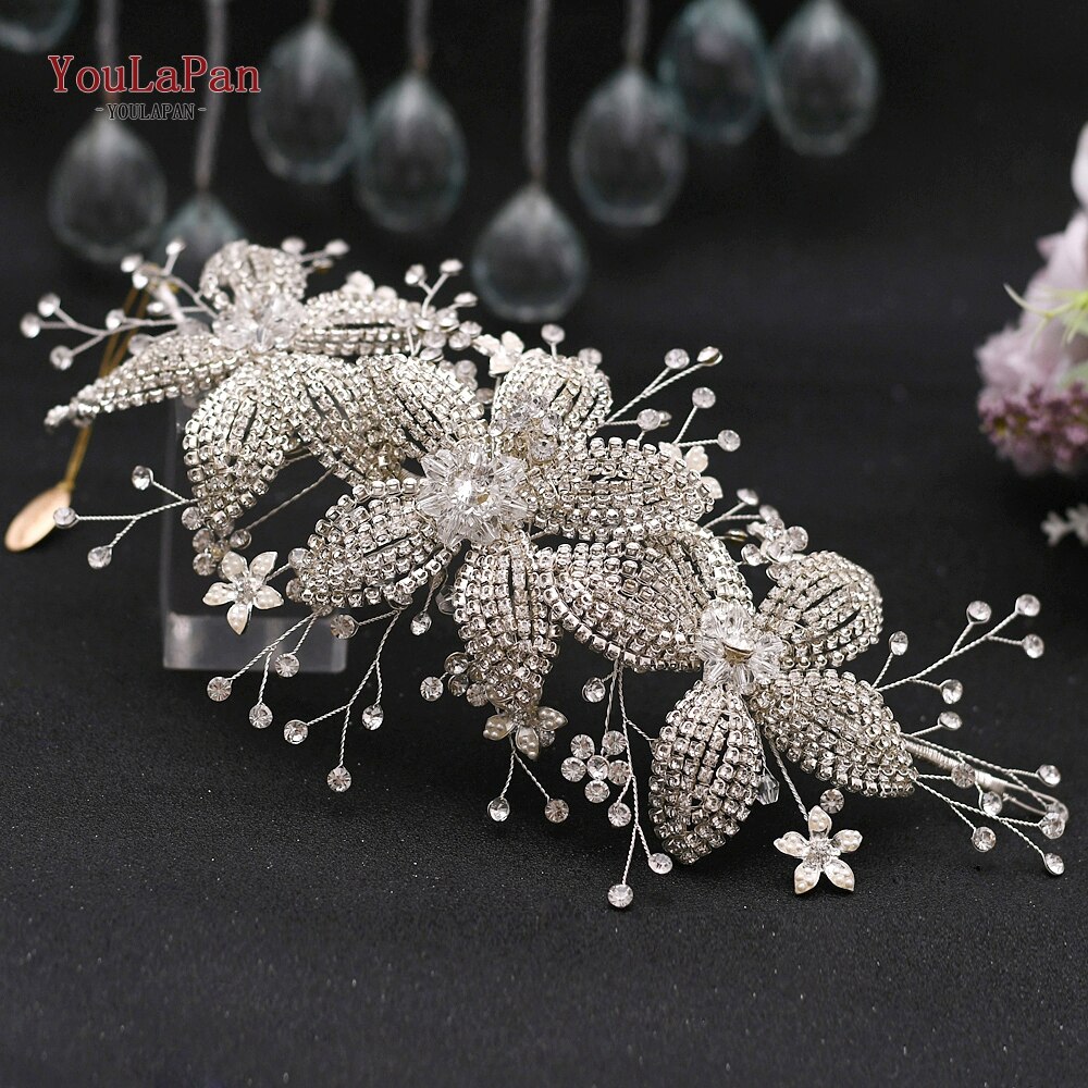 Topqueen ouro casamento liga flor bandana nupcial headpiece strass casamento enfeites de cabelo tiara para as mulheres hp252: Silver