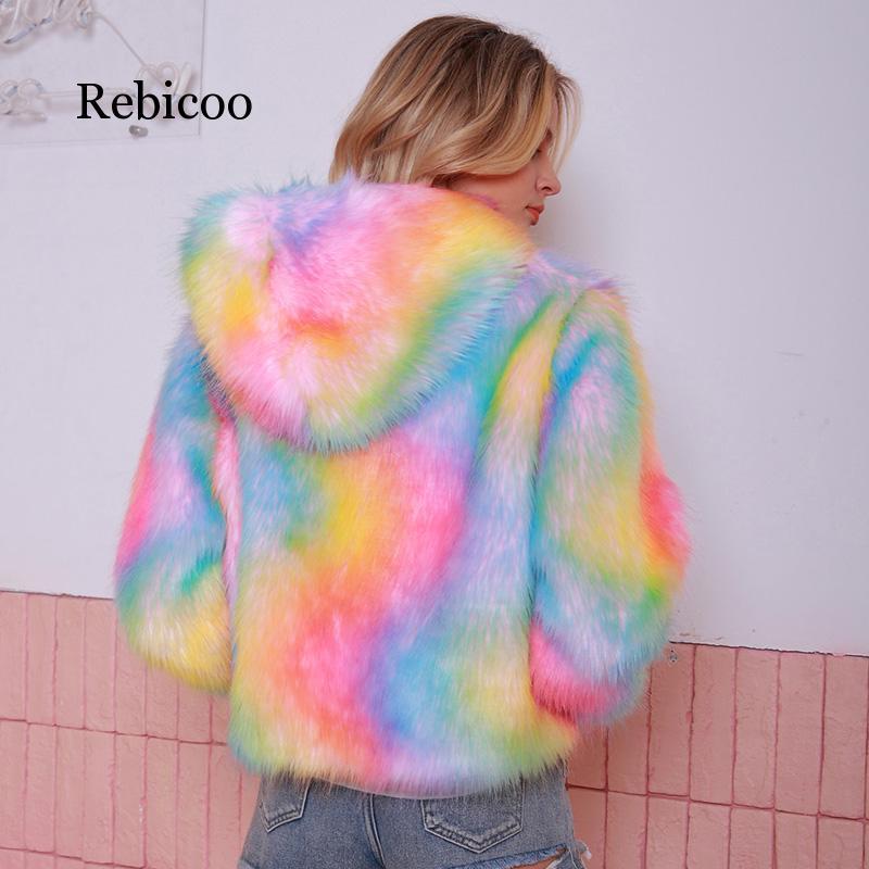 Winter Coat Rainbow Faux Fur Coat Women Fur Jacket Shaggy Fluffy Rainbow Print Hooded Long Sleeve Streetwear Plus Size 3XL