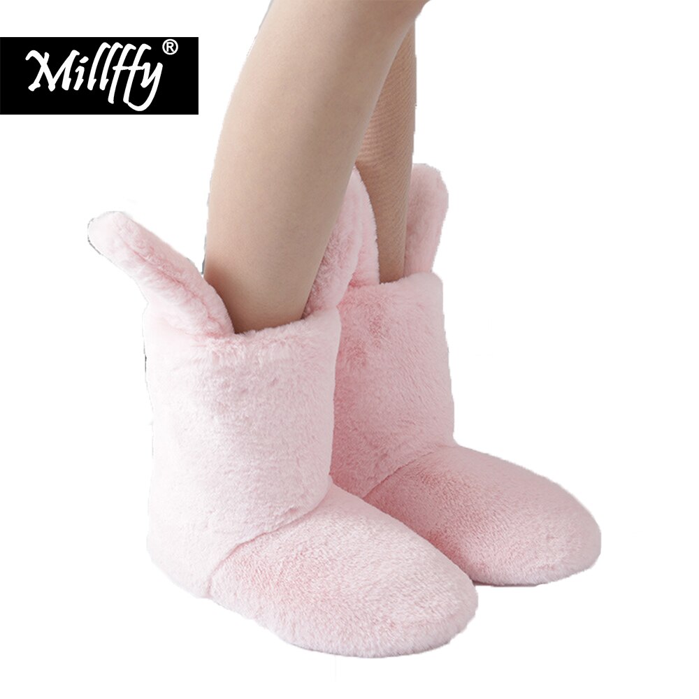 Millffy – bottes chaudes antidérapantes en velours et oreilles de lapin pour femme, chaussures d'intérieur en coton